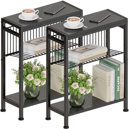 Vantimo Schmaler Beistelltisch, 3 Ablagen Nachttisch Schmal mit Zeitschriftenhalter, Sofa beistelltisch, Couchtisch klein für Wohnzimmer, Schlafzimmer, Küche & Balkon, Arbeitszimmer (2 Schwarz)