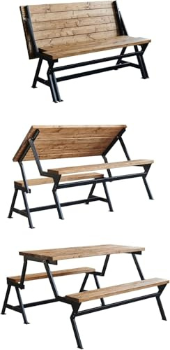 UNIPAS Lea Klapptisch und Bank, 3-in-1, zusammenklappbar, Picknick-Bank, Tisch-Set, Esstisch-Set, Massivholz, Gartenmöbel/Camping-Grillstühle, Hocker (aufgeklappt: 145,5 x 158 x 83,6 cm), Nussfarbe