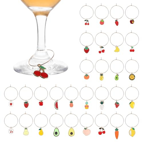 30 Stück Glasmarkierer, Glas Markierung Trinkgläser mit Fruchtmuster für Weingläser zur Getränke Identifikation, Wiederverwendbare Glasmarker für Wein Cocktail Champagner, Party Deko Marker
