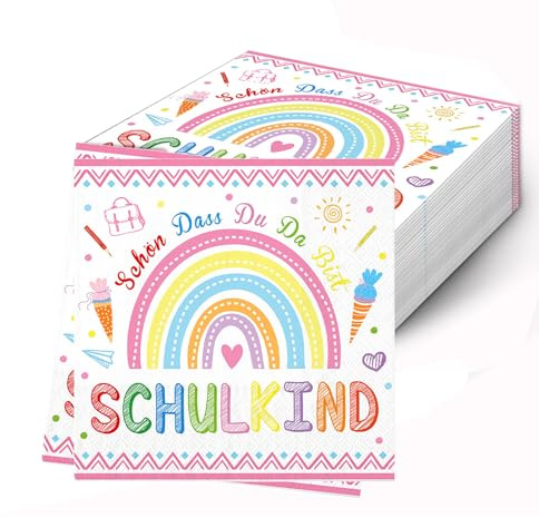40 Stück Einschulung Servietten Regenbogen,für Schulkind 2026 Mädchen Deko | Schuleinführung Tischdeko Rosa Servietten Schulkind 2026 Endlich Schulbeginn,Schule Papierservietten für Einschulungsdeko