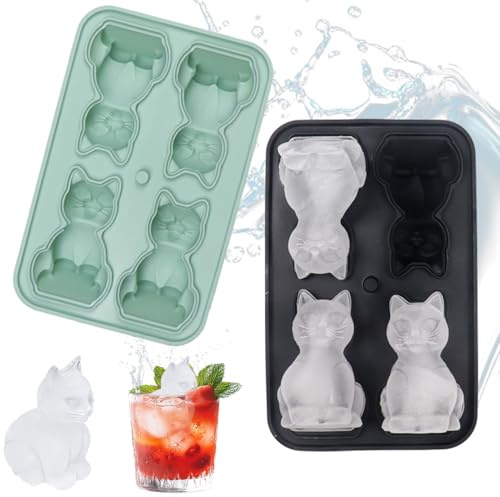 2 Stück Silikonform Katze, Schwarz und Grün, 3D Katze Form, 4-Fach Eiswürfelform, Wiederverwendbar, Geeignet für Cocktails, Whisky, Milchtee und Kaffee