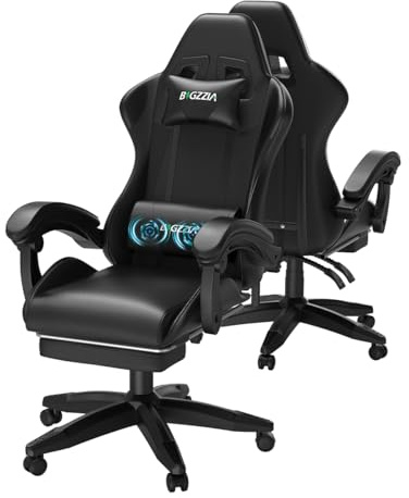 bigzzia Sedia Gaming, Sedie Ergonomica con Poggiapiedi per Videogiochi, Sedia da Gaming con Cuscino Lombare Massaggiante e Poggiatesta per Giocare, Studiare e Lavorare in Ufficio (Nero)
