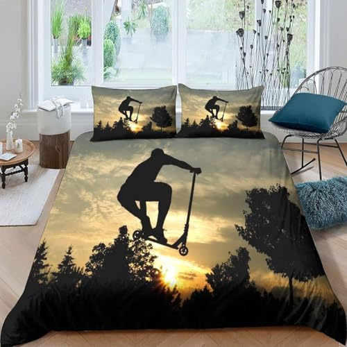 Housse de Couette 200x200 Silhouettes de Trottinettes Imprimée 3D Sports Extrêmes Parure de Lit 2 Personnes Doux Microfibre Literie avec 2 Taies D'oreillers 65x65 cm avec Fermeture Éclair Y.2608