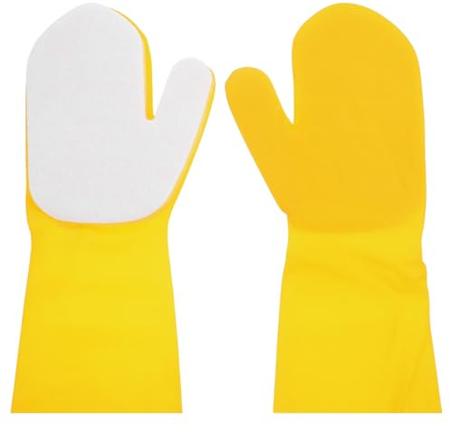 FUOYLOO 2Pcs Yellow and White Latex Sponge Cleaning Gloves for Kitchen Dishwashing, Right Hand Fit Household Bowl Cleaning Gloves, Sturdy Kitchen Supply Tool