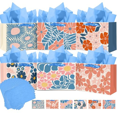 Gcardist Mittlere Papiertüten mit Seidenpapiergriffen 6 Stück Winterblumen-Karton-Geschenktüten für Frauen, Mütter, Großmütter, Partyzubehör (6 Stück Taschen + Seidenpapier)