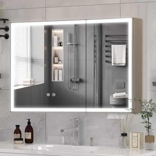 Saimeihome Spiegelschrank mit LED-Beleuchtung und Antibeschlag 100x60 cm, Doppeltür Badezimmer Spiegelschrank mit 5 Ablagefächern, Touch-Control Badspiegel Silber/sandweiß