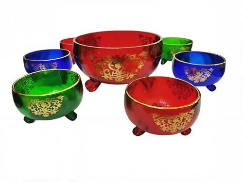 Générique Soupière saladier service a fruits Orientale avec 6 Bols, Service à Soupe Décoratif avec Motifs Dorés, Rouge Bleu Vert, Style Oriental avec Pieds 7 piéce