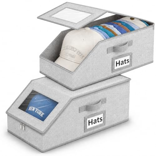 UWIOFF Hat Organizer for Baseball Caps - 2PCS Stackable Storage with Clear Lid, Drawer & Flip-Top Access, Space-Saving Hat Box for Closet, Breathable Fabric, Beige