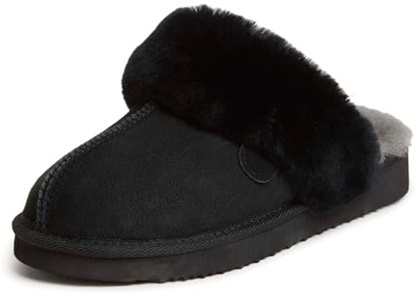 Dearfoams kvinnors Fireside Sydney skjuvningspäls inomhus/utomhus skrubbtofflor med breda bredder, Svart, 42 EU bred