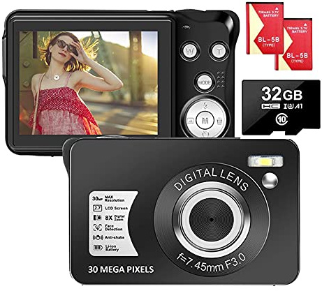 Appareil Photo Numérique 1080P 30 Mégapixels Appareil Photo Numerique Full HD Appareil Photo de Poche Rechargeable 2,7 Pouces avec Zoom Numérique 8X Appareil Photo Compact pour Adolescents Débutants