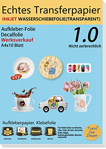 TransOurDream A4X10 Blatt ECHTE Inkjet Wasserschiebefolie (TRANSPARENT) für Tintenstrahldrucker für Kerzen,Nagelkunst,Tassen,Teller,Keramik,Kerzentransferfolie,Kerzentattoos