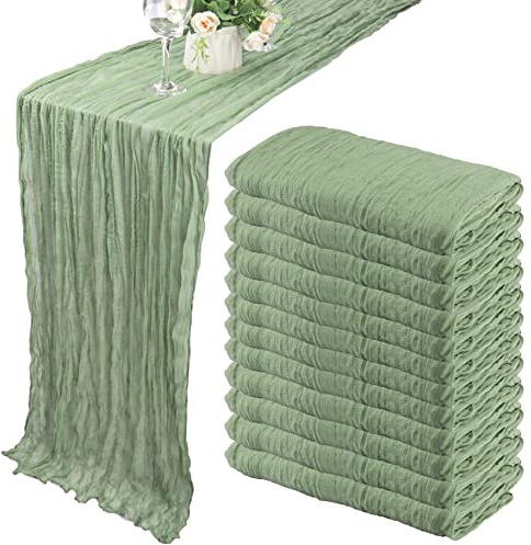 12 Pack 10Ft Cheesecloth Table Runner 35x120 Inch Boho Gauze Table Runner Cheese Cloth Long Romantic Table Runners for Wedding Bridal Shower Birthday Party Table Decor (Dusty Sage Green)