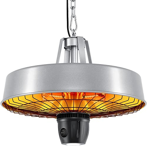 KESSER® Stufa da soffitto a forma di fungo, riscaldatore a infrarossi, 2500 W, con telecomando, faretto al quarzo, luce a LED, da soffitto, con catena + moschettone, elemento riscaldante in carbonio