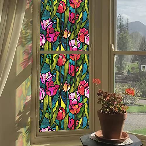 funlife Original Hand-Drawn Faux Stained Glass Window Film, Double-Sided Static Cling Window Cling Suitable for Entryway, Reusable Glass Windows Door Decor, 11.8x118, Summer Red Tulip