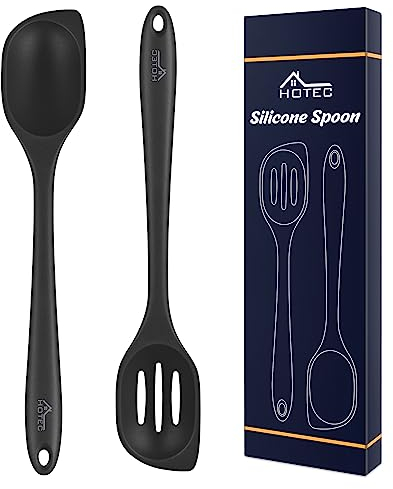 HOTEC Pfannenwender aus hitzebeständigem Silikon, große Kochlöffel solide und geriffelt zum Rühren, Servieren, Schaben, Antihaftbeschichtung, spülmaschinenfest, Schwarz, 31,8 cm