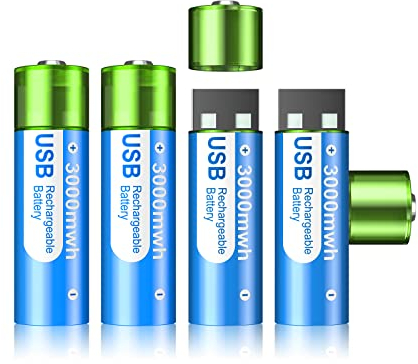 Batterie Ricaricabili USB AA 3000 mWh - 4 Batteria 1.5V agli ioni di litio AA Ricaricabile USB Ad Alta Capacità, ricarica rapida in 1.5 ore, Ciclo di vita 1200 Volte.