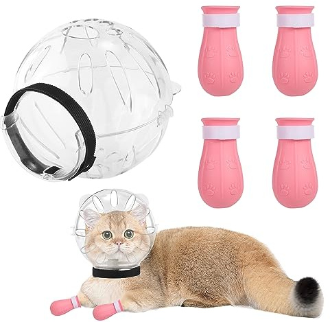 PEUTIER Cat Muzzle and Boots Set, Breathable Cat Adjustable Hood and Paw Covers Transparent Cat Muzzle Helmet Silicone Cat Shoes for Cats Bathing Nail Trimming