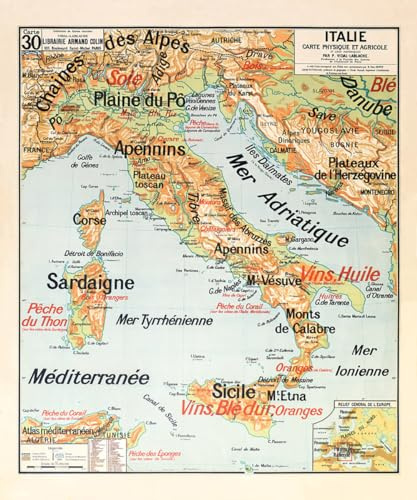 Carte Vidal Lablache N° 30 - ITALIE - PHYSIQUE ET AGRICOLE - 100 x 120 cm (reproduction ancienne carte scolaire) - Bâche 340 g/m²
