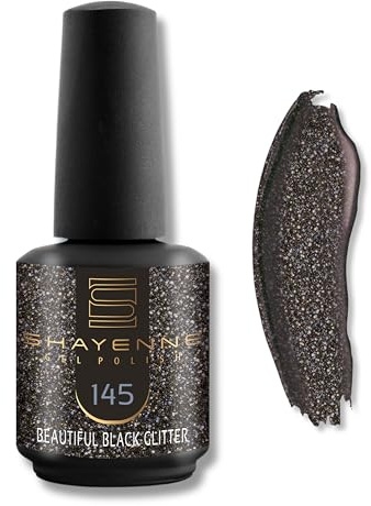 SHAYENNE UV LED Gel Nagellack 15ml - 145 Beautiful Black Glitter Schwarz Glitzer - Made in Germany - UV Lack für Gel Nägel & Langanhaltendes Nageldesign - Studio Qualität