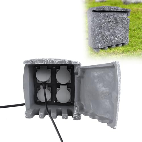 VA-Cerulean Gartensteckdose Steinoptik 4-Fach Steckplätzen Kunstharz Steckdosenverteiler IP44 Wasserdicht Außensteckdose (3M)