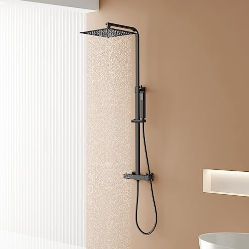 Columna Ducha Termostática Negra, YOOZENA Conjunto de ducha con Grifo Termostatico,Ducha Lluvia 25x25cm, Alcachofa de Ducha con Manguera, Regulable en acero inoxidable Negro Mate Cuadrada