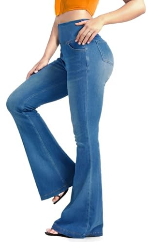 BlueRose Knit Stetchy Flare Jean for Women,Jean Leggings with Pockets High Waisted Pull on Bell Bottom Yoga Pants Blue