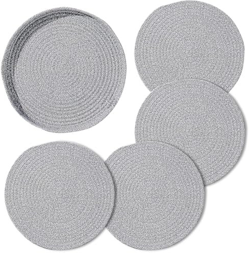 Cotton Woven Placemats Set of 5, 11.8 Inches Grey Round Plate Chargers Placemat Heat Resistant Weave Braided Tablemats for Dinner Plate (C-gray)