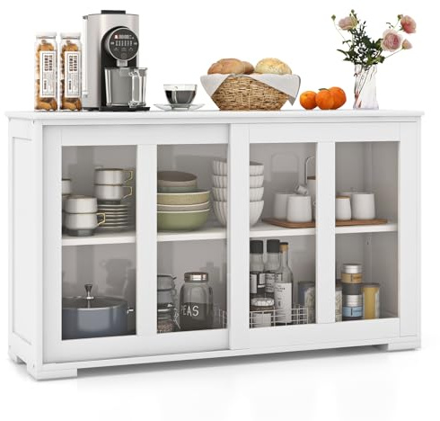 COSTWAY Armadietto da Cucina Mobile Laterale Multiuso con Ante Scorrevoli, in MDF e Vetro, 106,5 x 33 x 62,5 cm (Bianco)