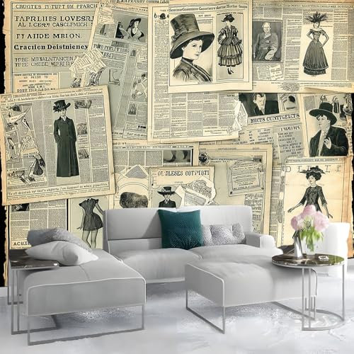 Papel Pintado Ropa y periódicos retro mural Amarillo Papel pintado no tejido 250 x 175 cm Adecuado para decoración de dormitorio, pared de fondo de TV