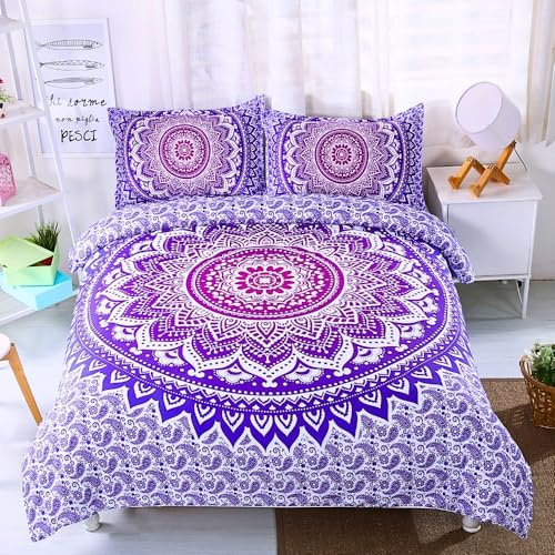 Nayoroom Bettwäsche 200x200 Boho Lila Mandala Blumen Bohemian Bettbezug 3teilig Violett Vintage Blümchen Aesthetic ÖKO-TEX Renforce Microfaser Wendebettwäsche Reißverschluss und 2 Kissenbezüge 80x80