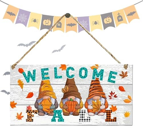 Cartel de madera para otoño - Cartel de bienvenida para decoración de pared, cartel de bienvenida para puerta de entrada de otoño | Gnomo cartel de madera para puerta de entrada, gnomo de pared para