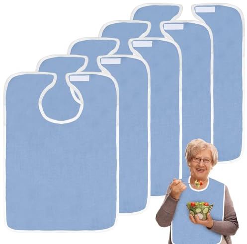 VEGOATY Lot de 5 bavoirs pour adultes, imperméables, en tissu éponge, réutilisables, lavables, avec fermeture, collecteur de miettes, unisexe, protection des vêtements pour mère Vate, bleu