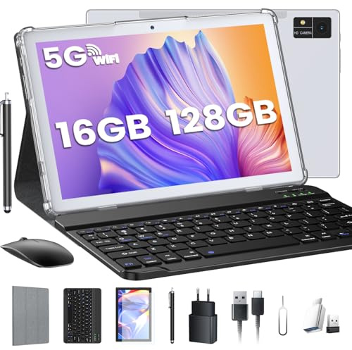 ZONKO 2025 Neueste Tablet 10 Zoll Tablets 16GB RAM+128GB ROM/TF 1TB, 5G+2.4G WLAN, 8-Core 2.0GHz, 8000mAh,13MP+8MP, Tablette PC Android Tablet Mit Tastatur Stift Maus, 1080FHD, GPS GMS Tablet- Silber