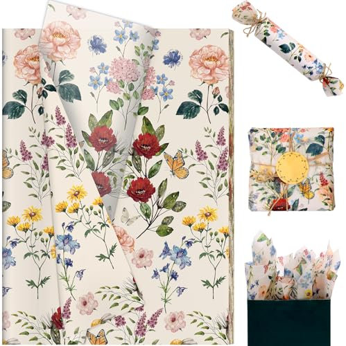 20 Sheets Retro Wildflower Tissue Paper, 20x14in Vantege Floral Wrapping Tissue for Spring Birthday Wedding Gift Supplies