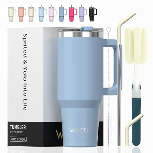 WATERSY 591ml Bicchiere Termico con Manico, 20 oz Grande Tazza Termica Blu in Acciaio Inox, Tazza da Caffè con Cannuccia, Thermos per Acqua Doppia Parete, per Palestra, Auto e Viaggio