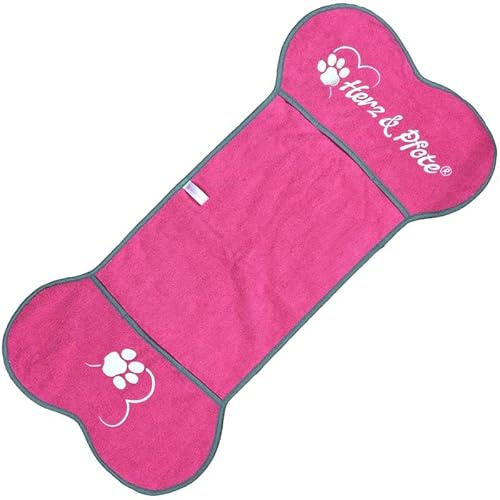 Herz & Pfote Hundehandtuch 100x50cm, Extrem saugstark - Schnelltrocknendes Handtuch für Hunde - Knochenform (Pink/Grau)