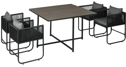 Outsunny 5-TLG. Polyrattan Gartenmöbel Set Balkonmöbel Set Esstisch Grau | Gartensitzgruppe, mit 4 Stühlen, Essgruppe, für Balkon, Terrasse