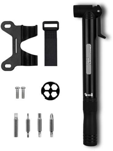 HOUSON Bomba de bicicleta, multiherramienta compacta para bicicleta con bomba de emergencia integrada, construcción de aluminio ligero + juego de herramientas 8 en 1 (incluye adaptador para válvulas