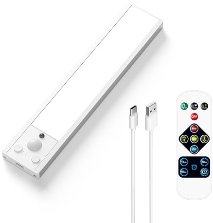 PRINCEWAY Rechargeable LED Under Cabinet Kitchen Light with Remote Control, Length 24CM Magnetic Stick On Motion Sensor Wireless Wall Light Indoor and Constant Lighting, 3 Levels Lighting Colors
