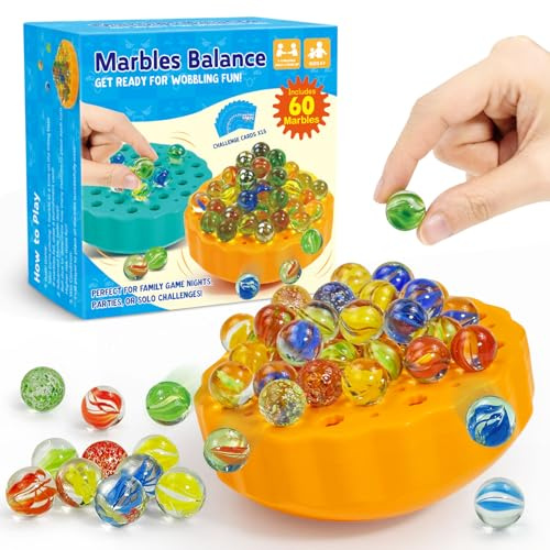 Ninigai Wobble Marble Balance Stacking Game for Kids 6-12 & Families - Fun Birthday Party Games with 60 Glass Marbles, Dice & 15 Challenge Cards - Family Game Night for 1-4 Players (Yellow)