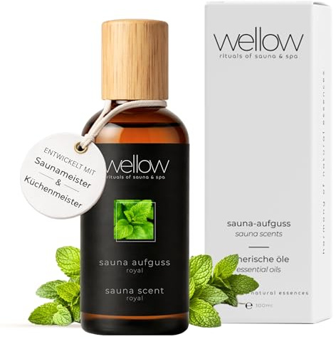 wellow® Sauna Aufguss Royal – 100 ml Saunaaufguss-Konzentrat mit ätherischen Ölen – kräuterfrische, klare Note – hochkonzentriert & ergiebig, Made in Germany