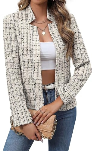 Ellunis Blazer da donna in tweed a maniche lunghe con colletto intagliato giacche scozzesi casual aperto sul davanti cappotto giacca da lavoro, 71~albicocca-grigio, M