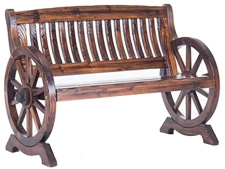 Panca in legno per esterni con braccioli e schienale a ruota carro, rustica per 2 persone, per giardino, patio, prato, cortile e decorazione del parco
