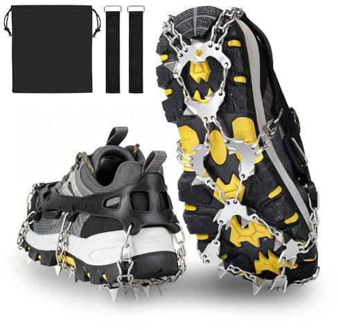 Grödel Steigeisen für Bergschuhe-Steigeisen für Wanderschuhe mit 32 Edelstahl Spikes, Anti-Rutsch Grödel für Schneeschuhe, Grödel für Wanderschuhe, Schuhspikes für Gehen, Angeln, Wandern (Schwarz, L)