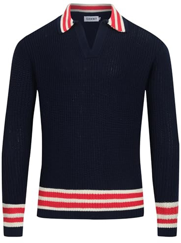 OXKNIT Polo da uomo, a maniche lunghe, vintage, blu scuro, a maglia, per autunno e inverno, tempo libero, scollo a V, con righe, Blu scuro, M