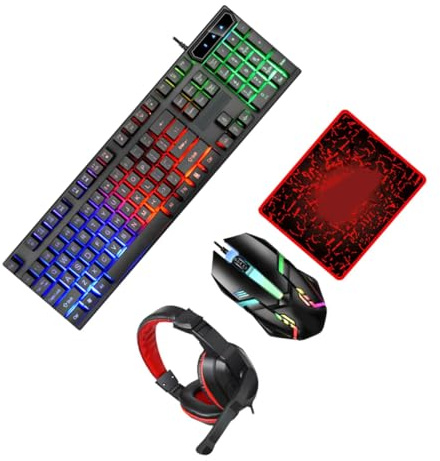 Kisangel Set Clavier Souris Filaire avec Rétroéclairage Couleurs Casque Gaming et Tapis Souris Bureau et Jeu Confortable et Plug-and-Play