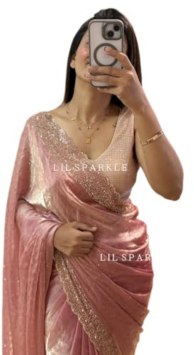 BE4ME.COM Trending Gold Two-Tone Fandy Silk Saree with Designer Border – Viral Insta Tiktok Party Wear Sari (Pink)