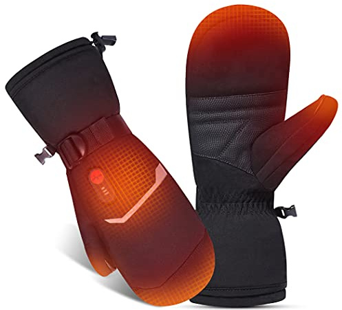 Beheizbare Ski-Fäustlinge – 7,4 V 2200 mAh Akku, 3 Heizstufen (40/50/60 °C), volle Finger-Heizfläche, wasserabweisend & Winddicht, Touchscreen, Verstellbarer Handgelenkriemen, Unisex Damen/Herren
