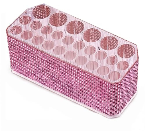 Klimonla 26-Hole Acrylic Rhinestone Makeup Brush Holder Organizer, Diamond Decor Cosmetic Storage Stand for Vanity Countertop, Clear (pink)