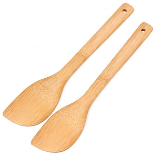 Lot de 2 spatules en bois de bambou pour la cuisine, le wok, la spatule, le sauté, les ustensiles de cuisine en bambou naturel, 30,5 cm